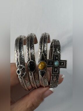 Turquoise Accent Silver-Tone Cross and Stone Cuff Bracelet Set